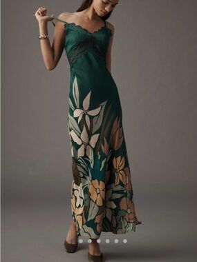 Anthropologie Deep Green Floral Lace-Trim Slip Maxi Dress